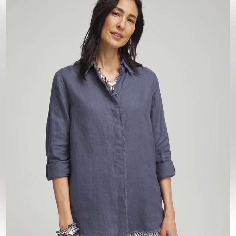 🐣Chico's Classic linen fringe gray Button Down Shirt size 4/us 20 GUC - Picture 4 of 10